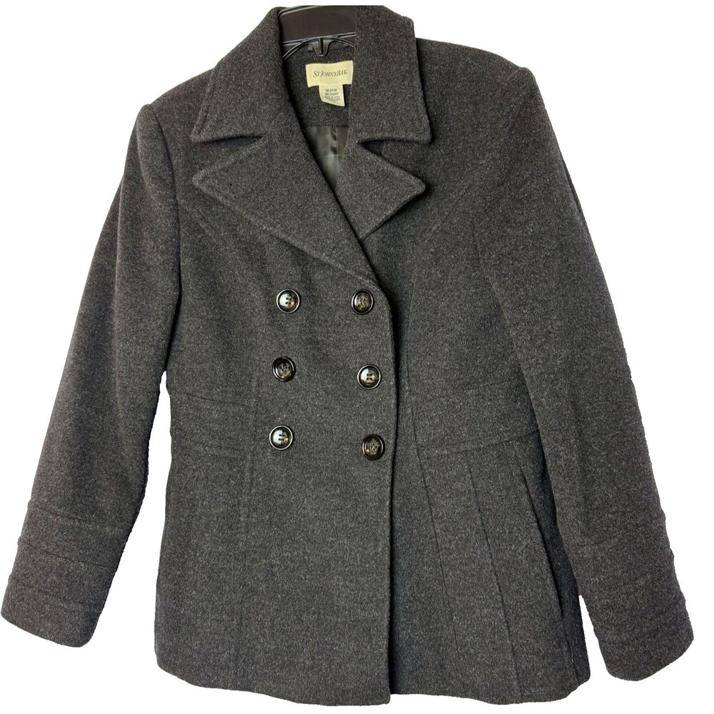 St. Johns Bay Womens Size Medium Gray Double Breasted Peacoat Wool-Blend